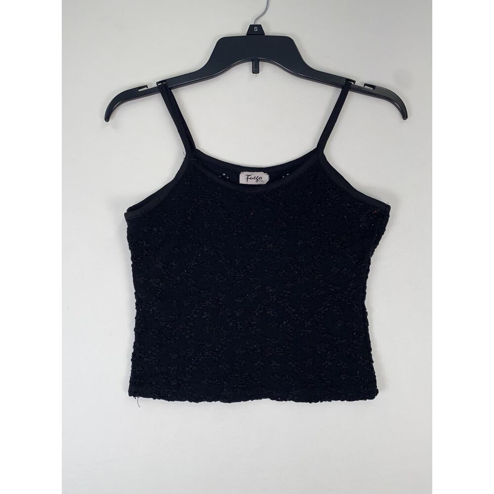 Fuego Cami Tank Top Womens Small Black Glitter Floral Scoop Neck Crop Top
